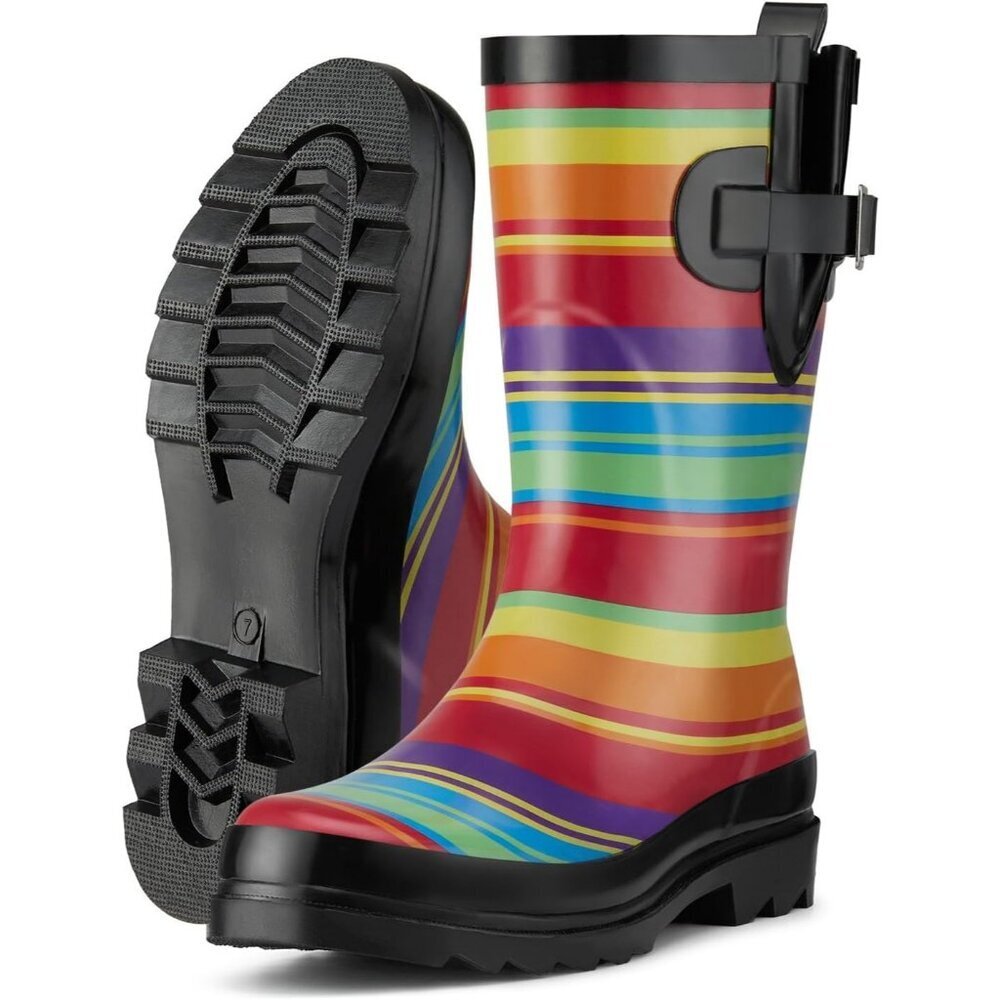 Women's Fashionable Waterproof Garden Mud Rubber Rain Rainbow Stripe Boots - Picture 9 of 9